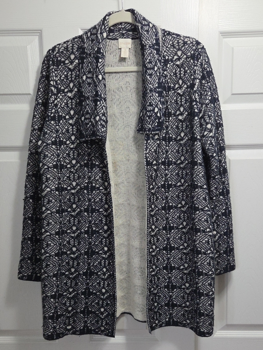 Chico's Navy and White Open-Front Patterned Cardigan